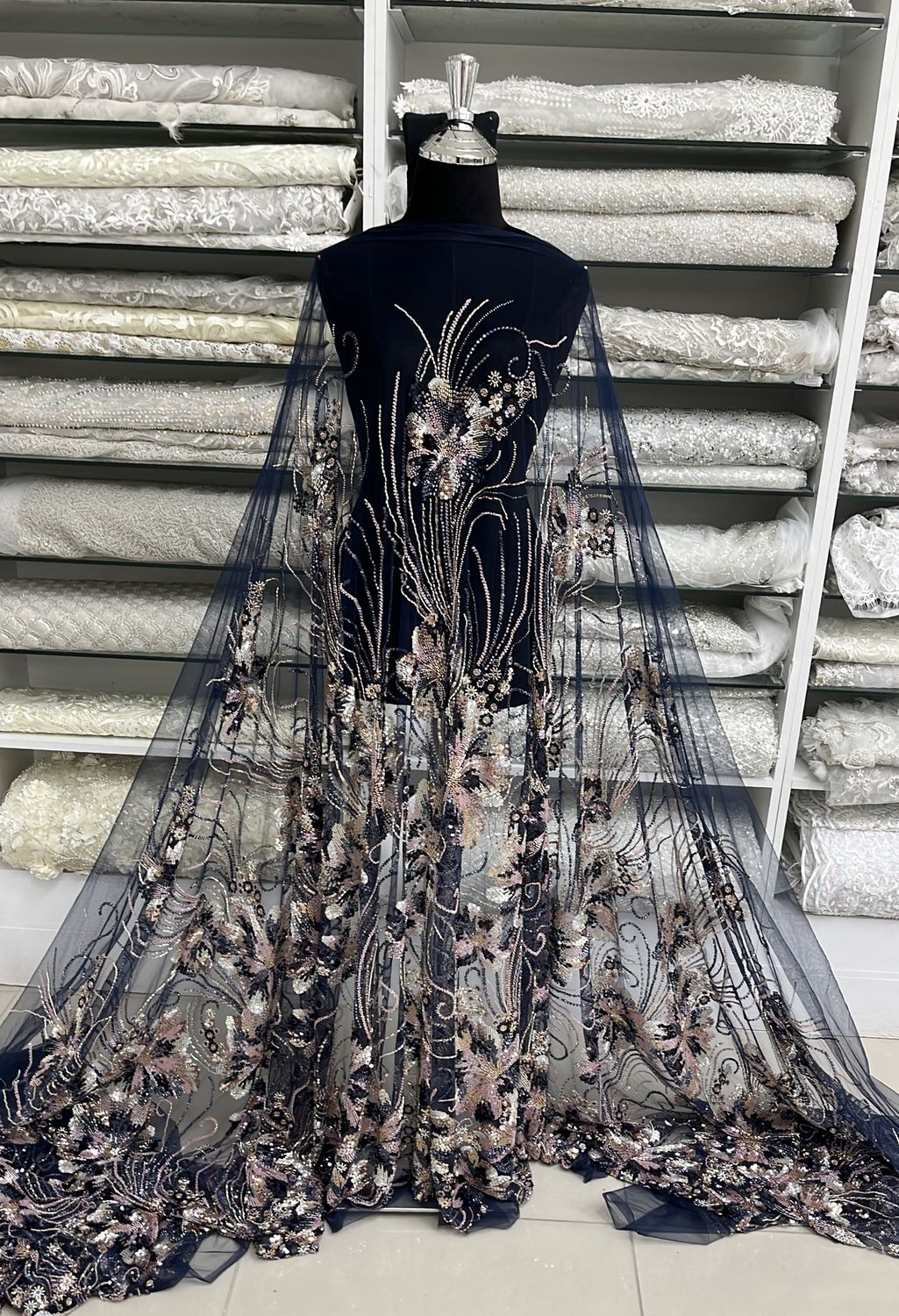 TULLE EMB BEADED Evening Gown-per m-150-06-NAVY