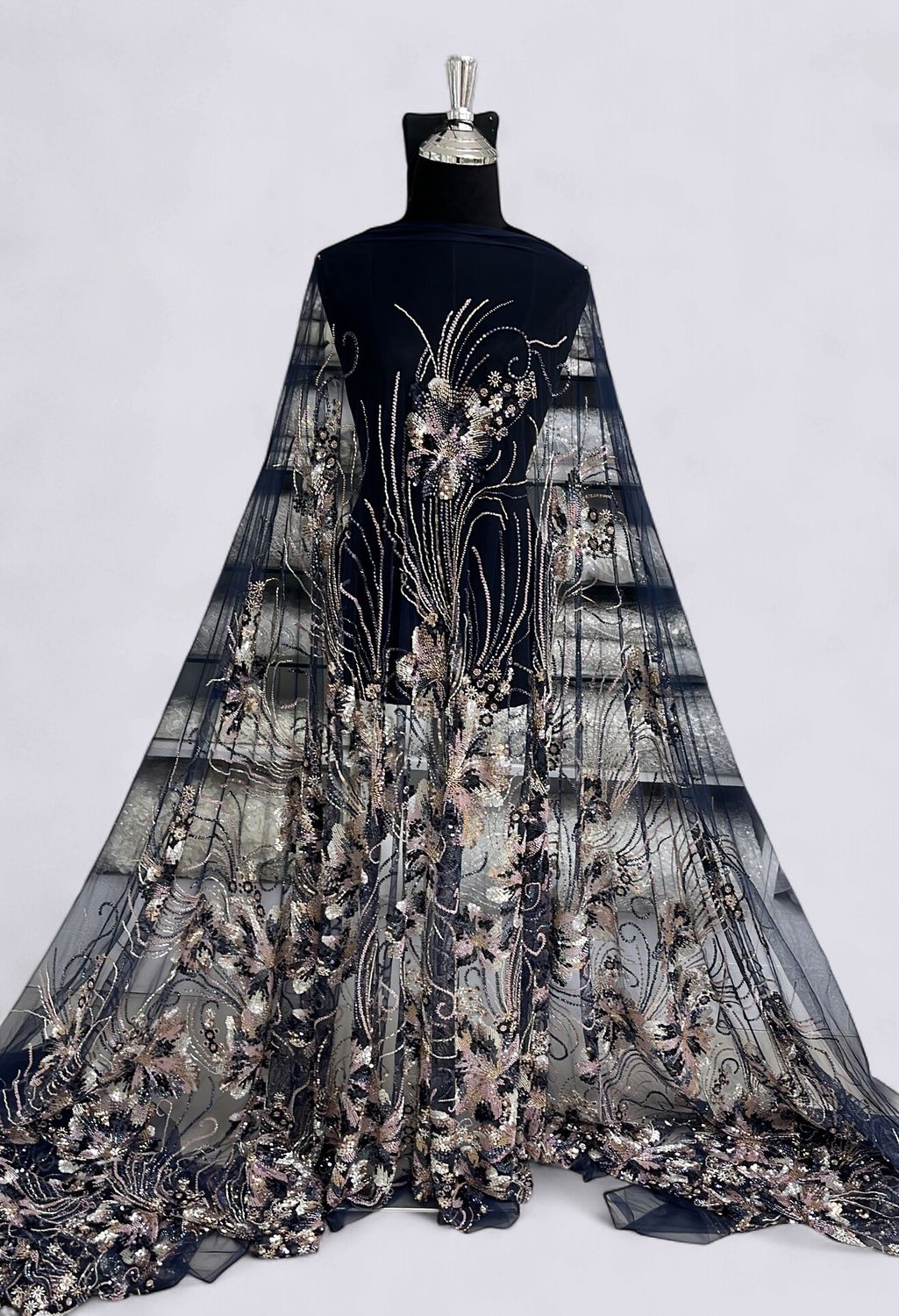 TULLE EMB BEADED Evening Gown-per m-150-06-NAVY