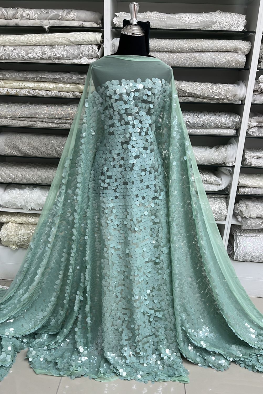 Dress Fabric TULLE SEQUINS 17mm Evening Gown-per m-150-05-MINT