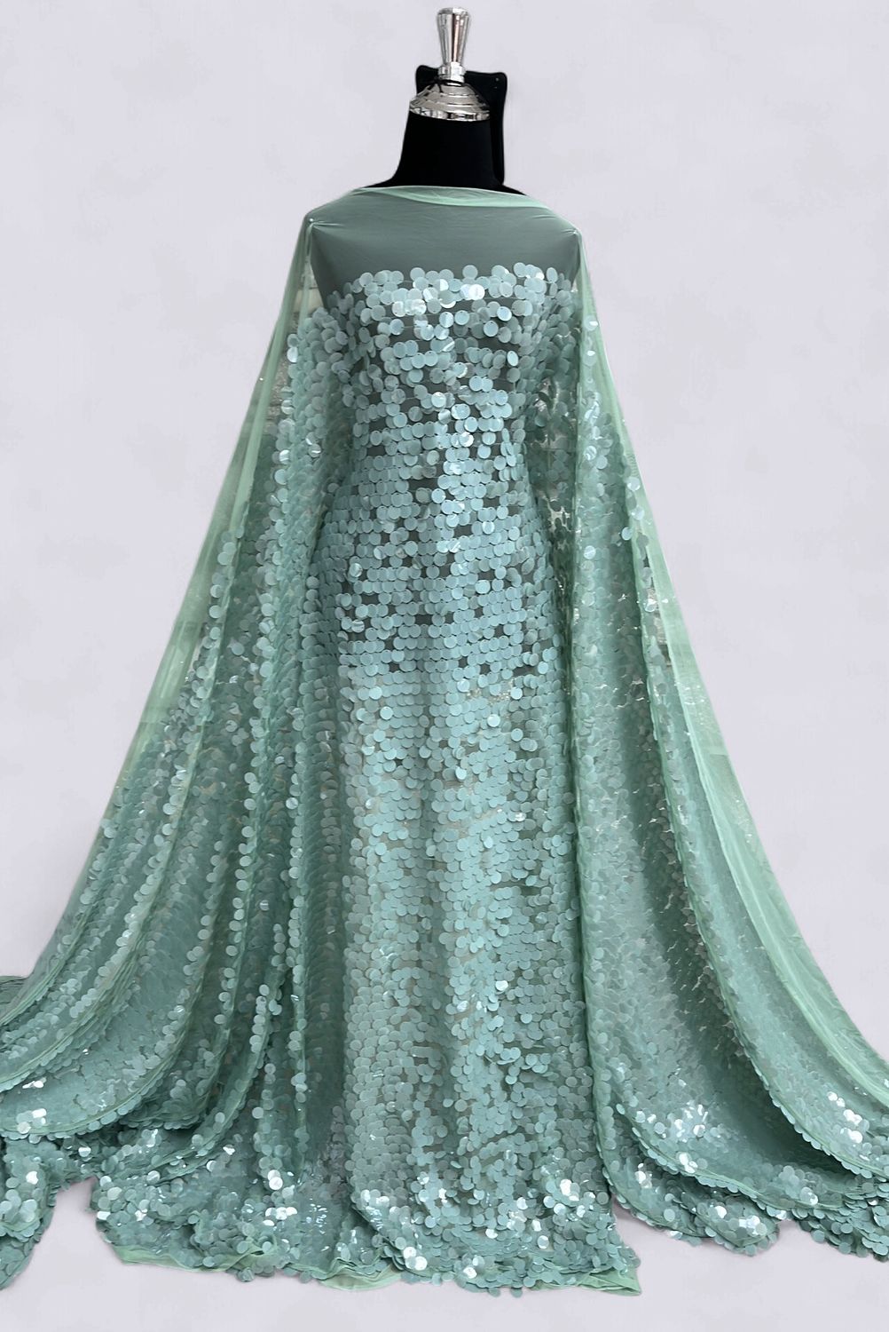 Dress Fabric TULLE SEQUINS 17mm Evening Gown-per m-150-05-MINT