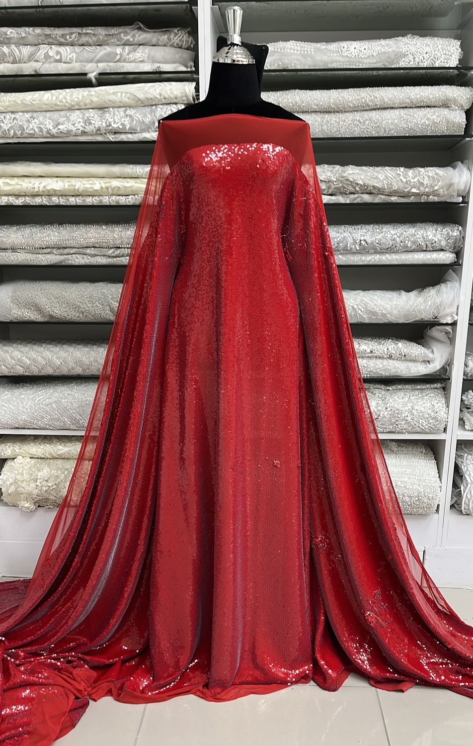 Dress Fabric MESH SEQUINS Small Evening Gown-per m-150-11-RED