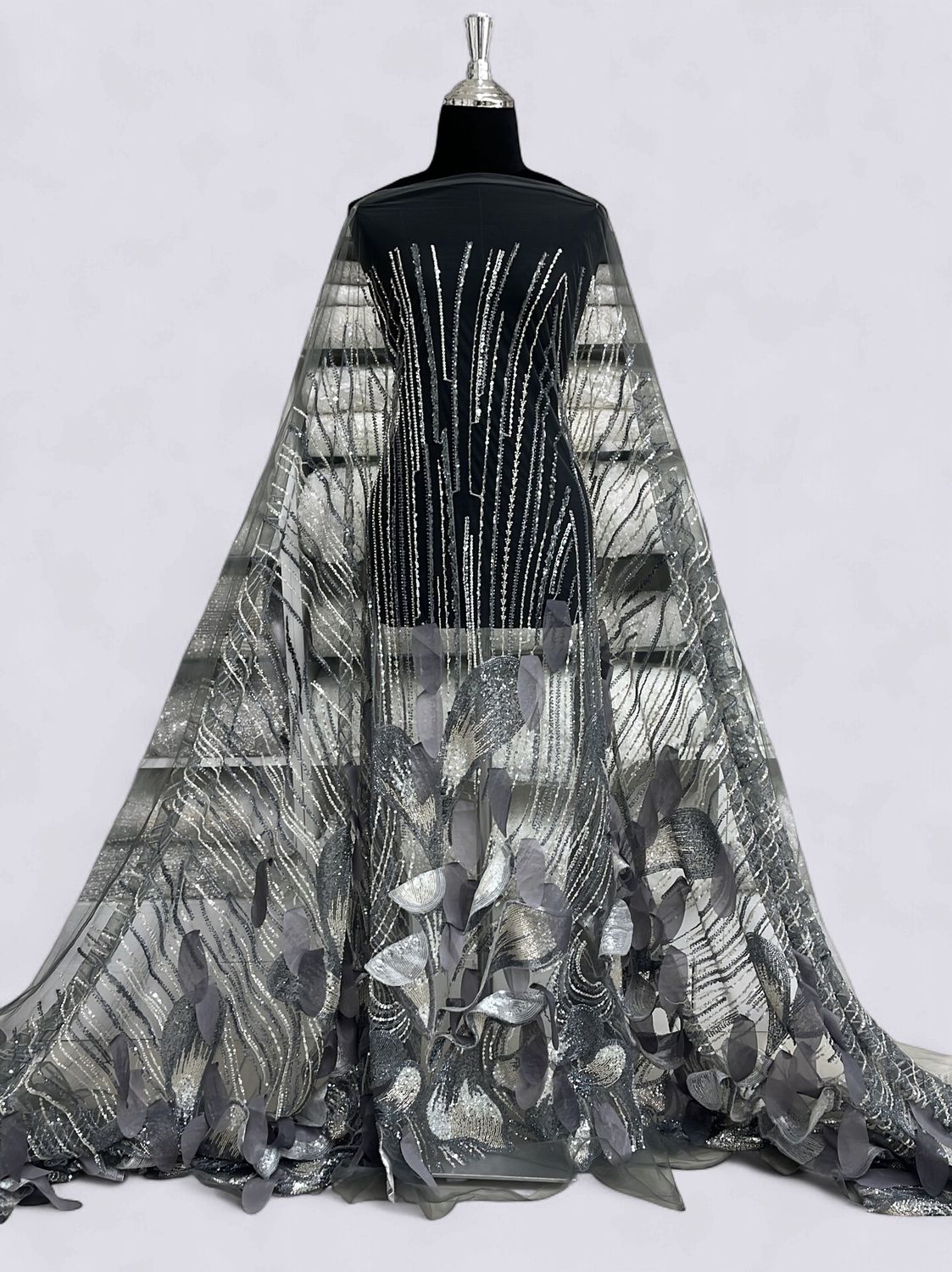 TULLE EMB BEADED Evening Gown-per m-150-08-CHARCOAL