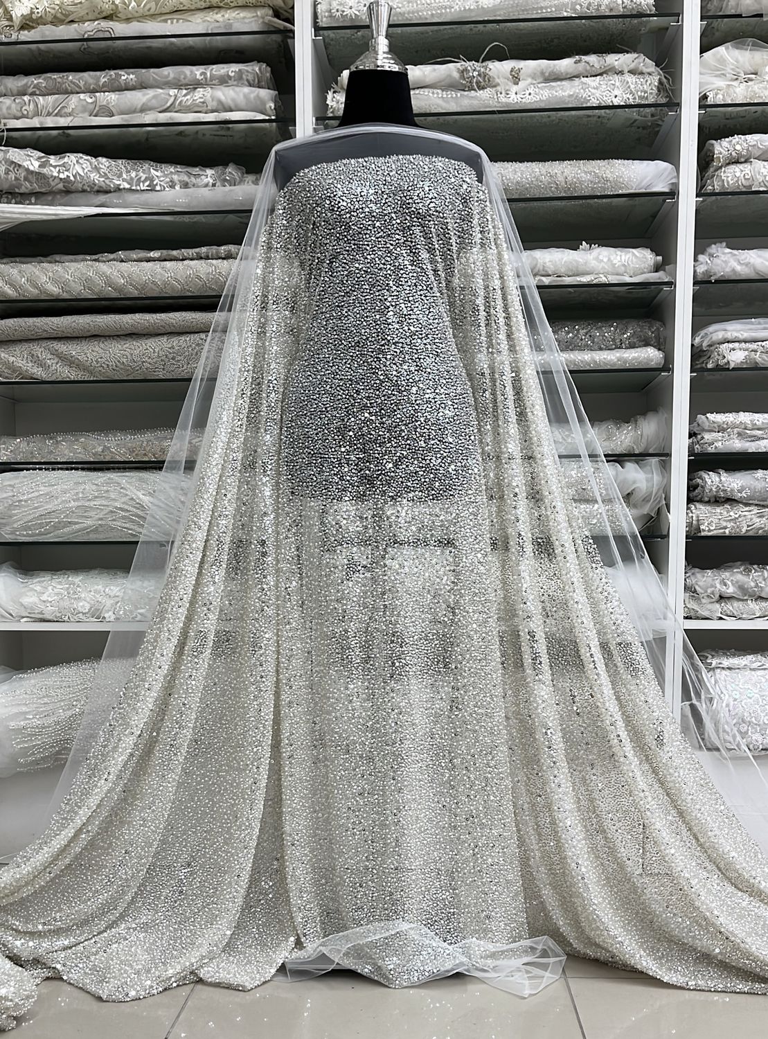 TULLE PEARLS SEQUINS Bridal Fabric-per m-150-01-OFF WHITE