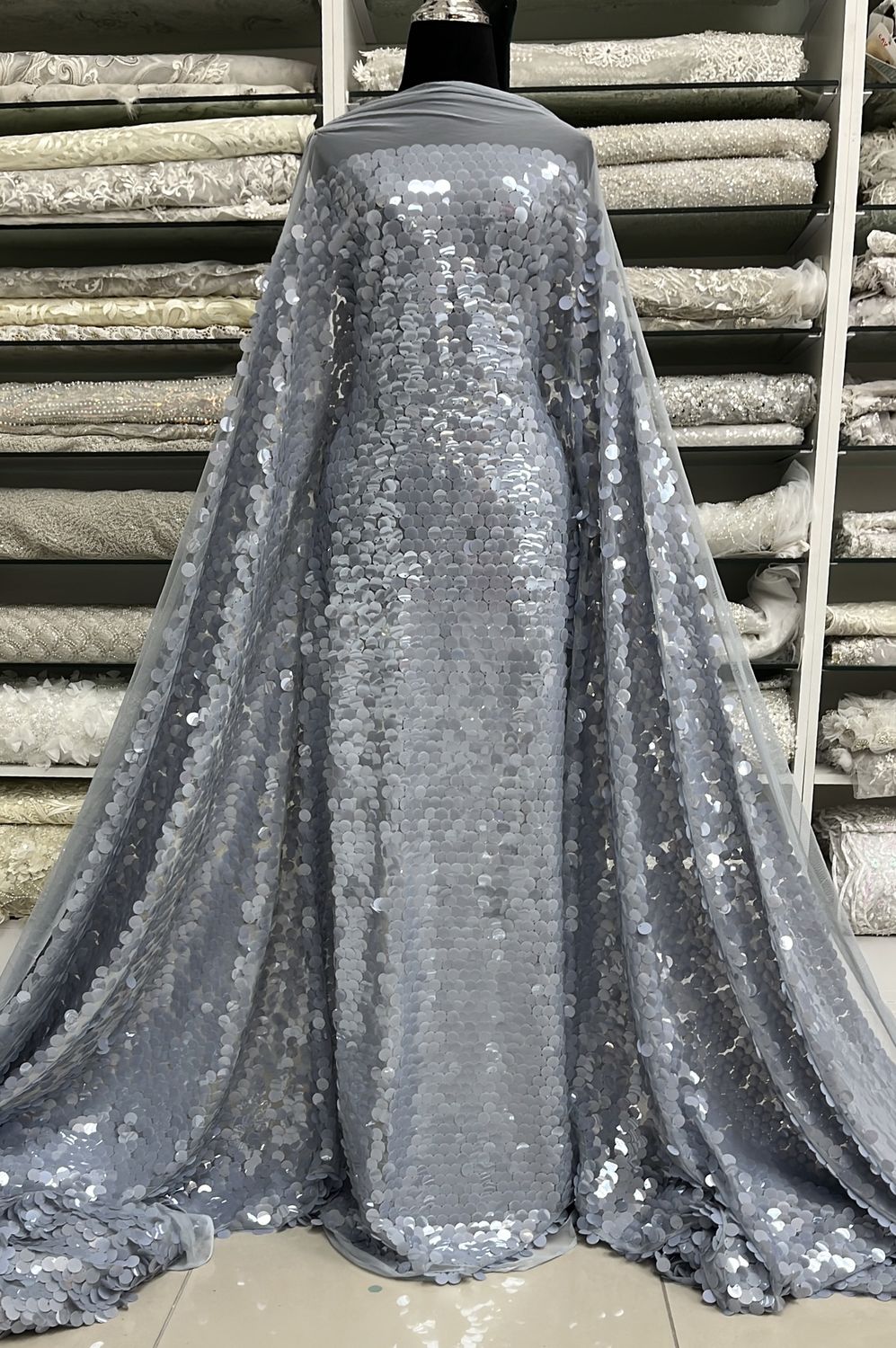 Dress Fabric TULLE SEQUINS 17mm Evening Gown-per m-150-01-GREY
