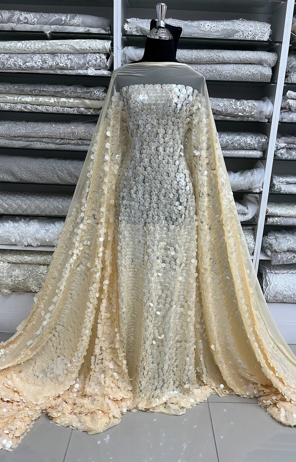 Dress Fabric TULLE SEQUINS 17mm Evening Gown-per m-150-04-RICH CREAM
