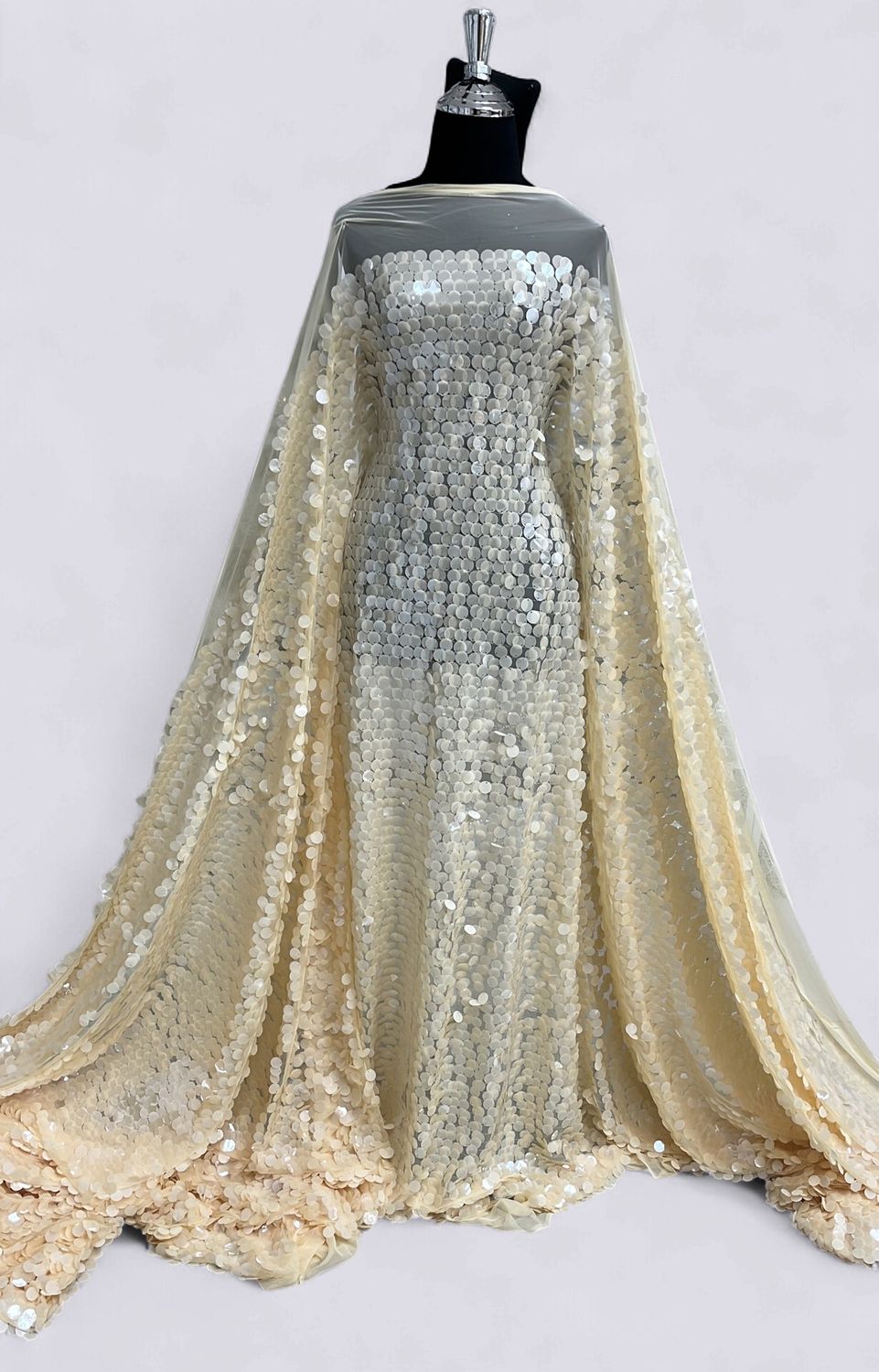 Dress Fabric TULLE SEQUINS 17mm Evening Gown-per m-150-04-RICH CREAM