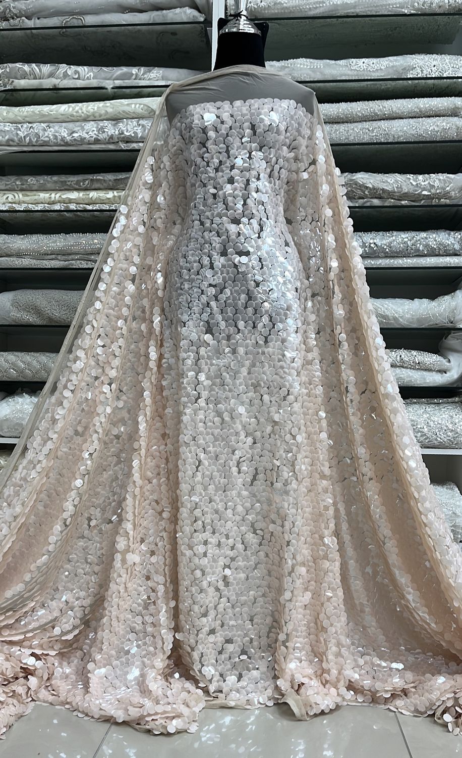 Dress Fabric TULLE SEQUINS 17mm Evening Gown-per m-150-03-CHAMPAGNE