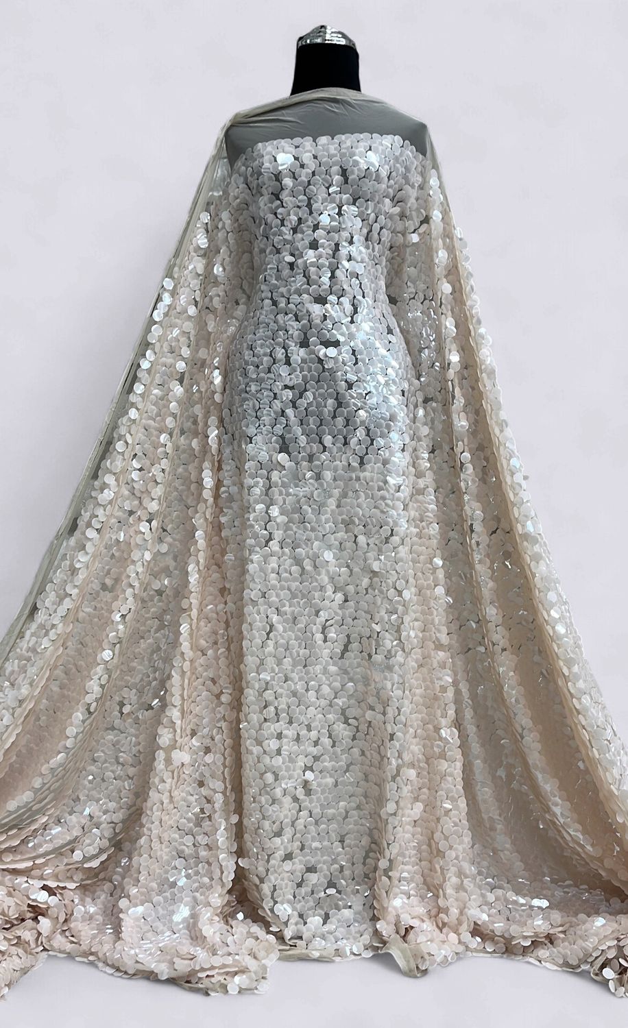 Dress Fabric TULLE SEQUINS 17mm Evening Gown-per m-150-03-CHAMPAGNE