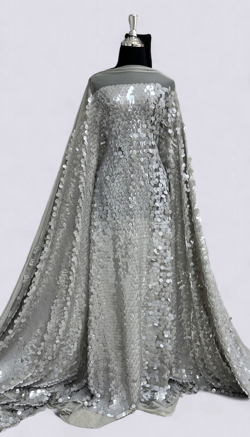 Dress Fabric TULLE SEQUINS 17mm Evening Gown-per m-150-07-SILVER