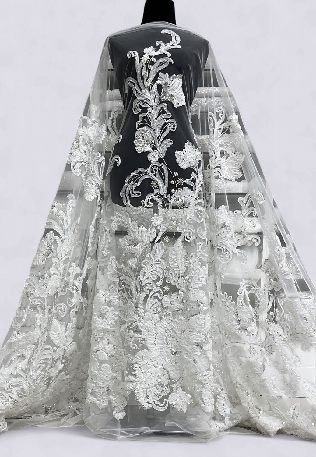 TULLE EMB BEADED RIBBON Bridal Fabric-per m-150-01-OFF WHITE