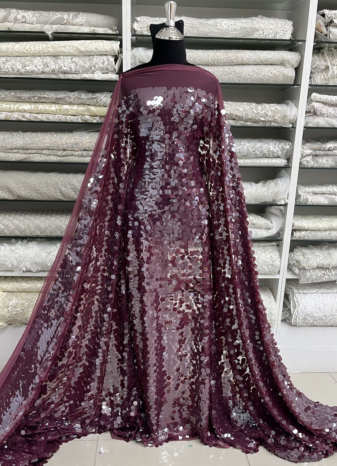 Dress Fabric TULLE SEQUINS 17mm Evening Gown-per m-150-02-BURGUNDY