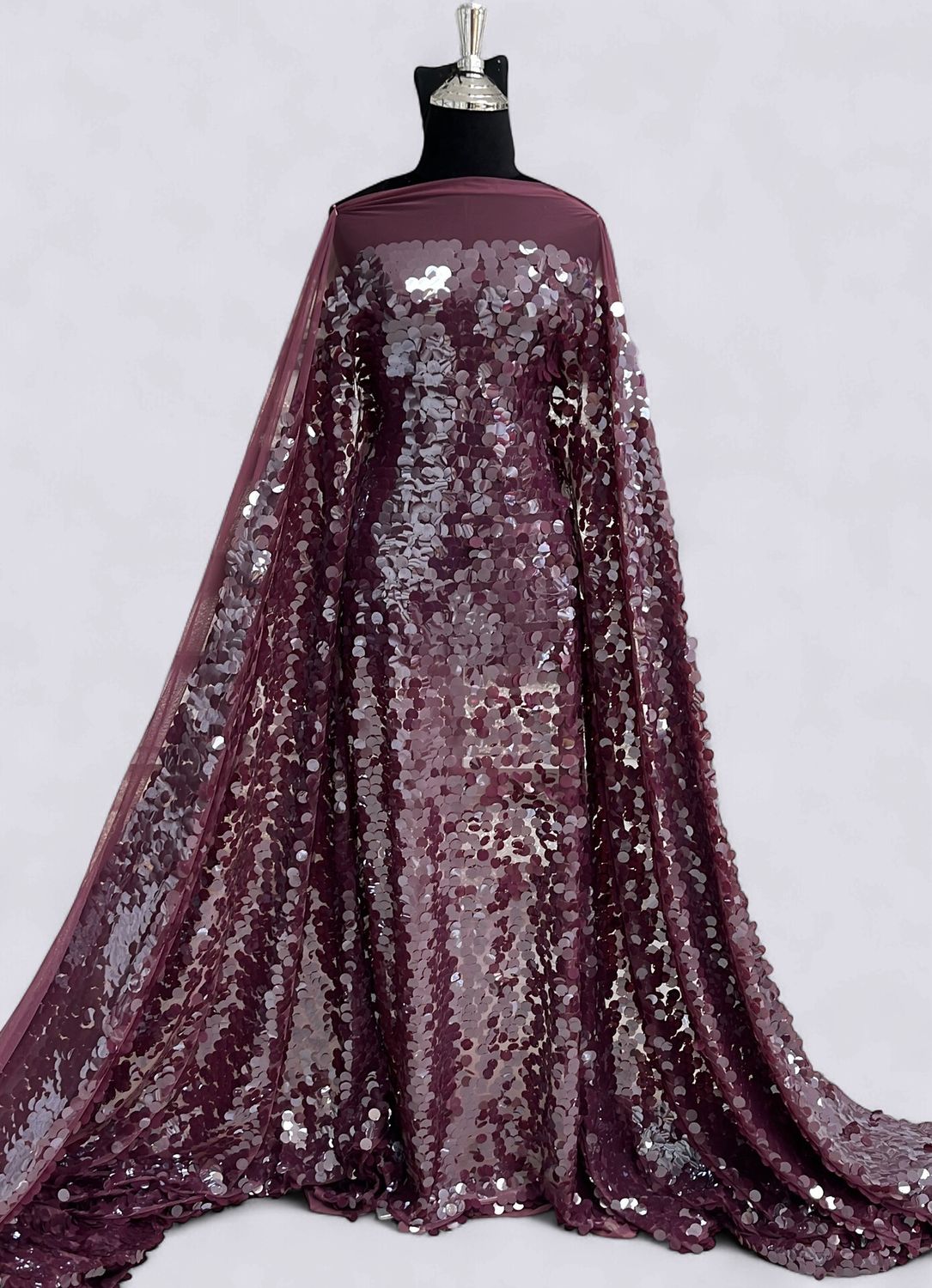 Dress Fabric TULLE SEQUINS 17mm Evening Gown-per m-150-02-BURGUNDY