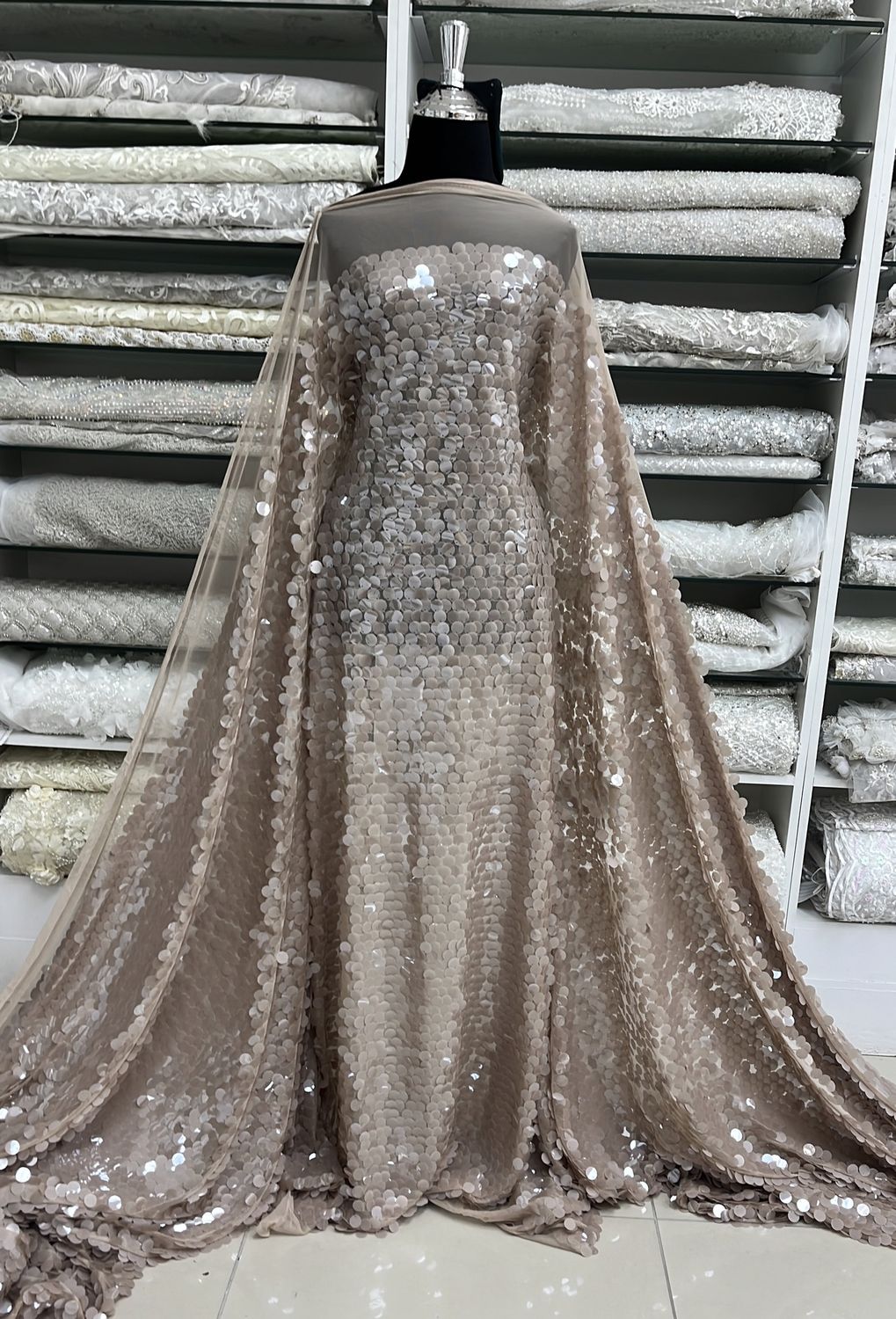 Dress Fabric TULLE SEQUINS 17mm Evening Gown-per m-150-06-TAUPE