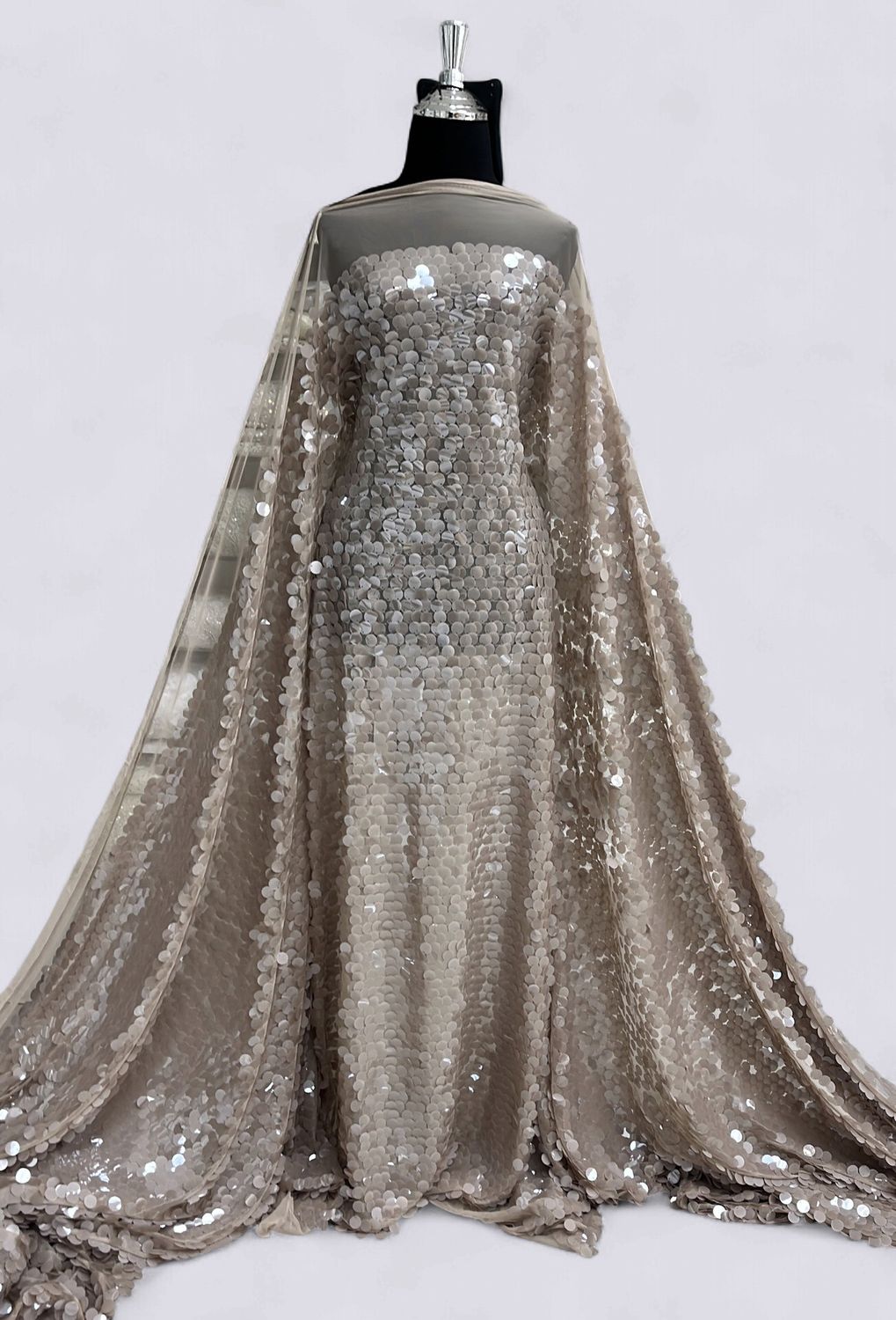 Dress Fabric TULLE SEQUINS 17mm Evening Gown-per m-150-06-TAUPE