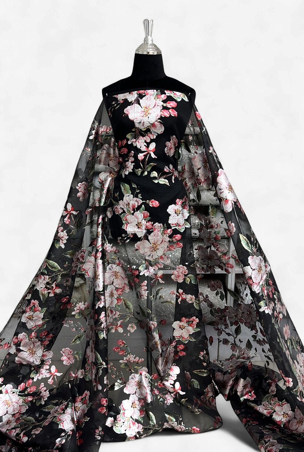 ORGANZA METALLIC PRINT Evening Gown-per m-150-01-BLACK PINK