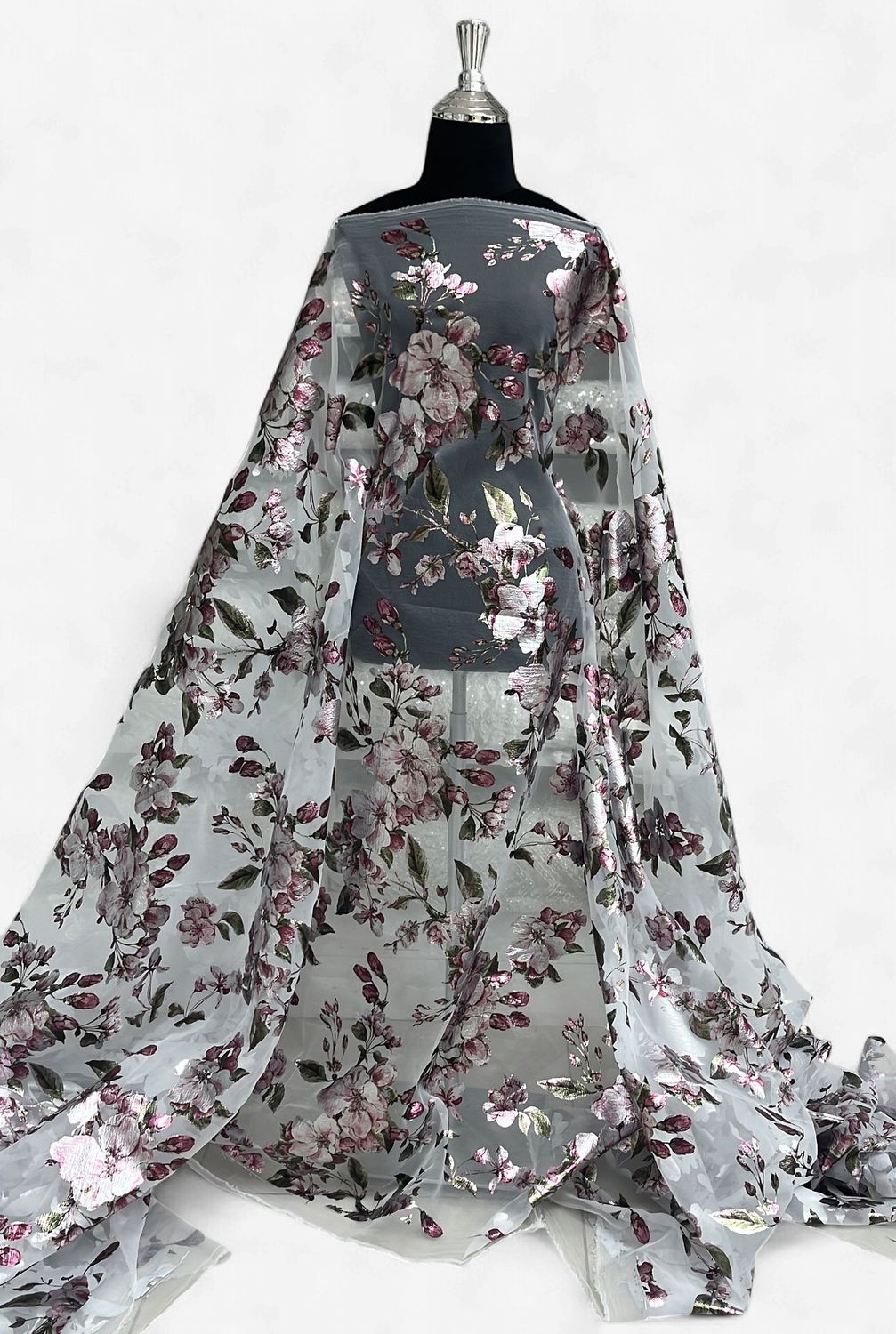ORGANZA METALLIC PRINT Bridal Fabric-per m-150-02-WHITE RED