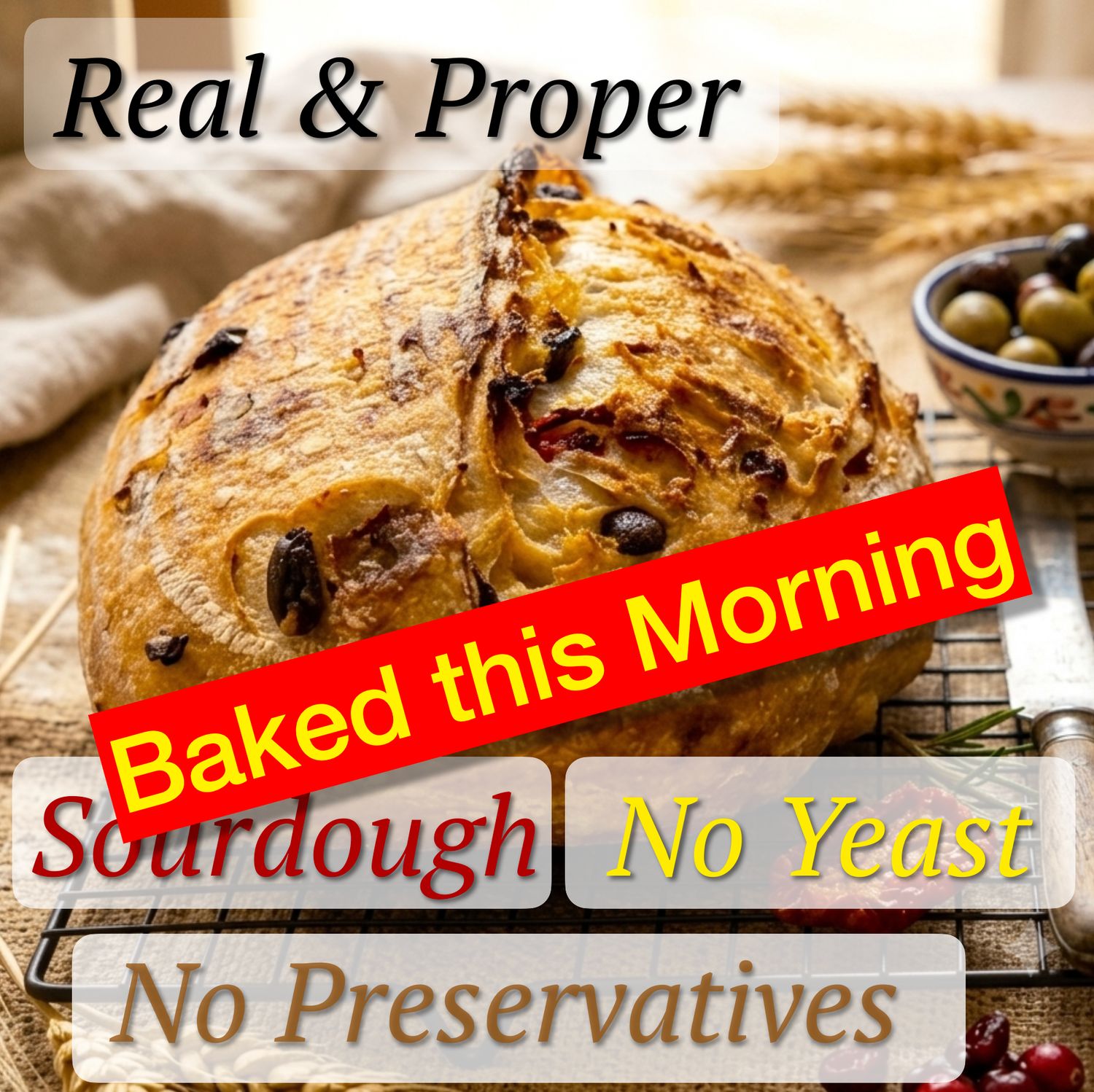 SOURDOUGH - FRESHLY BAKED THIS MORNING. Olives, Feta, unsliced. Rich in resistant starch for longer satiety and weight management. Our natural fermentation lowers glycemic impact, slows digestion for 