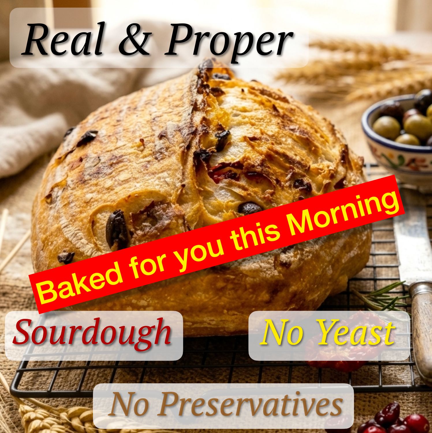 SOURDOUGH - FRESHLY BAKED THIS MORNING. Olives, Feta, unsliced. Rich in resistant starch for longer satiety and weight management. Our natural fermentation lowers glycemic impact, slows digestion for 