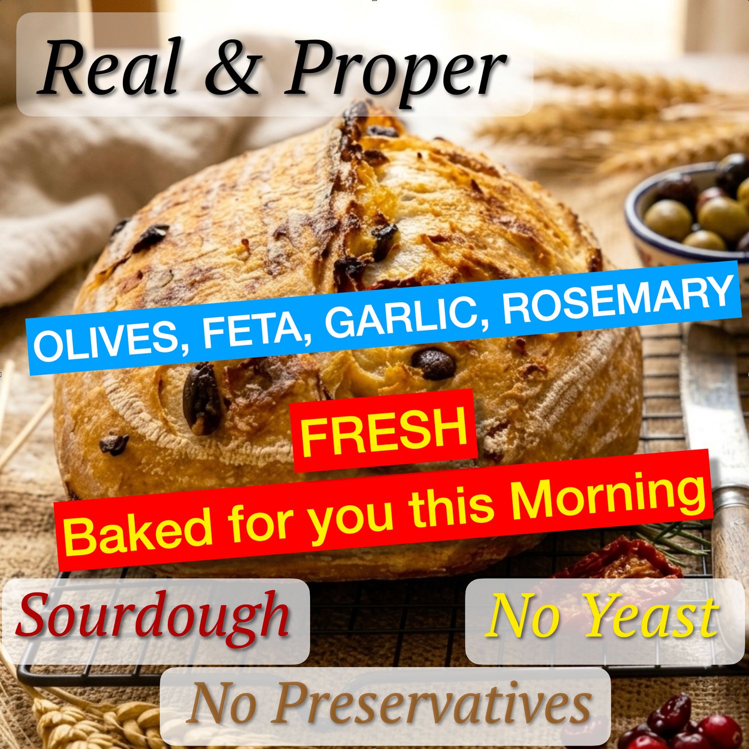 SOURDOUGH - FRESHLY BAKED THIS MORNING. OLIVES, Feta, unsliced. Rich in resistant starch for longer satiety and weight management. Our natural fermentation lowers glycemic impact, slows digestion for 