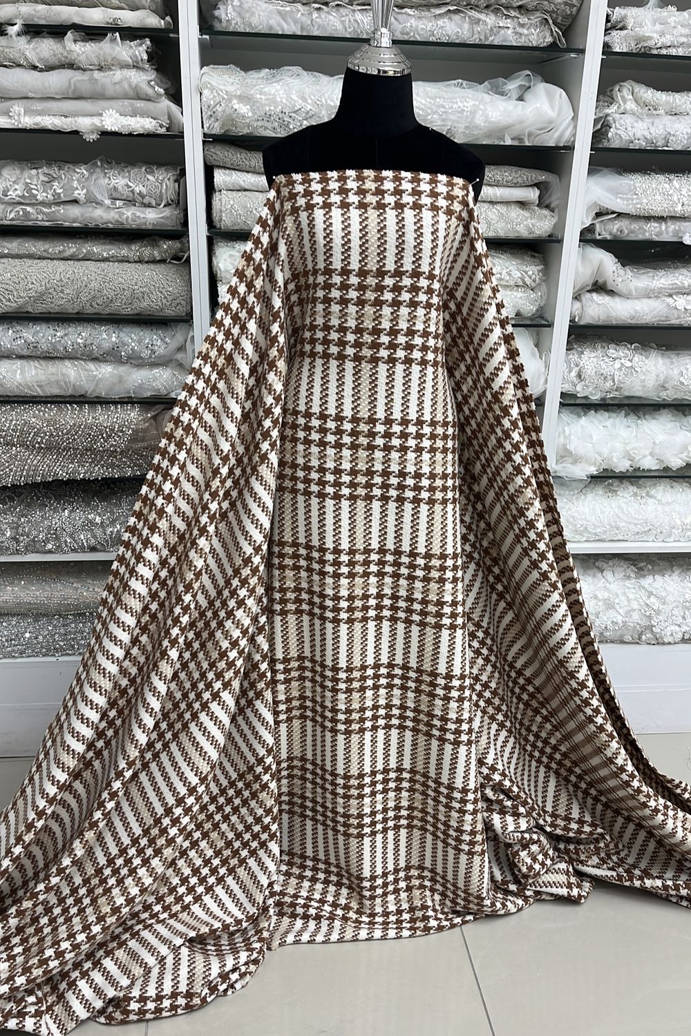 T/C TWEED - Tetoron / Cotton-(per m)-150-H3-Houndstooth 3 Coffee