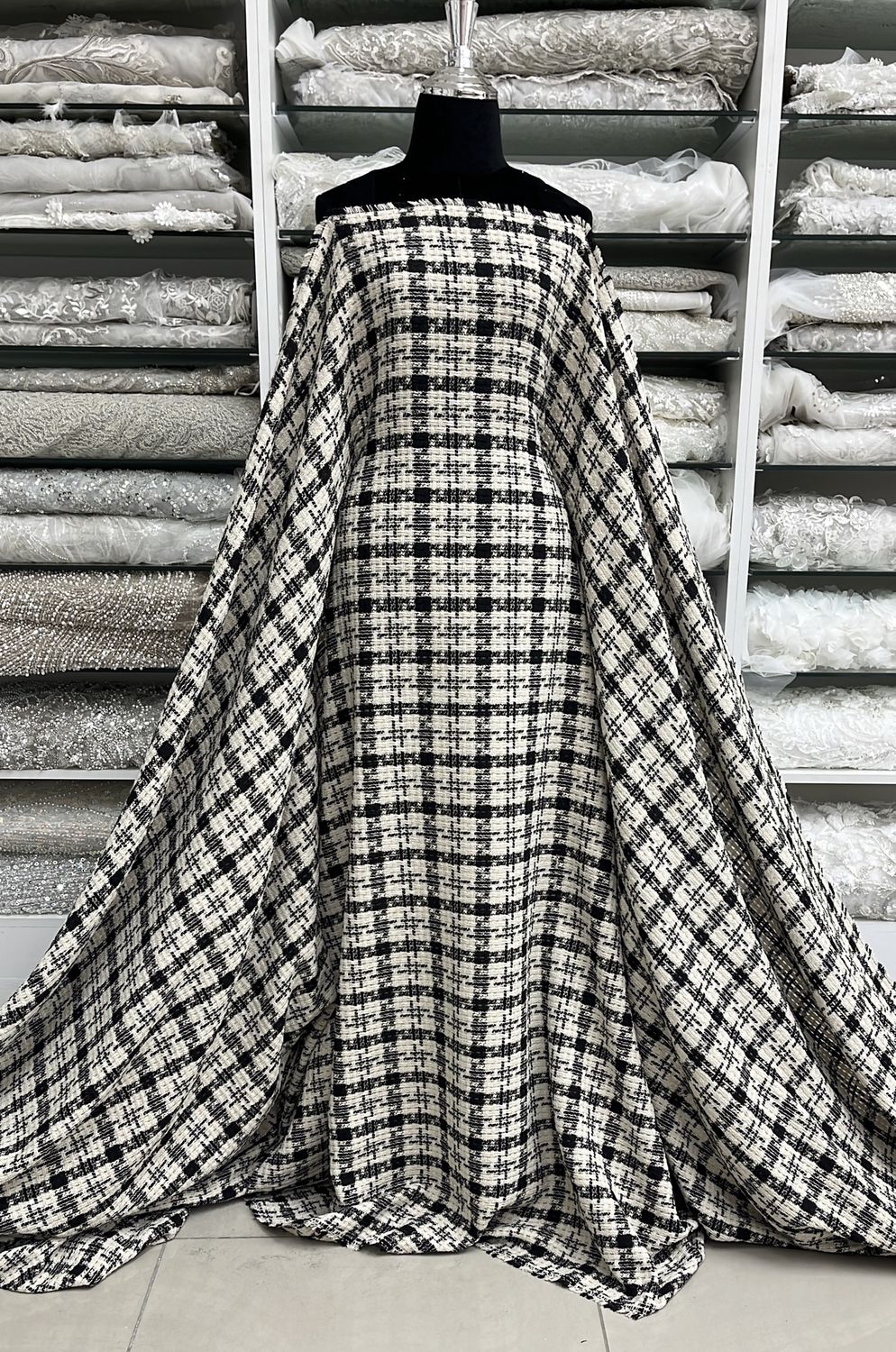 T/C TWEED - Tetoron / Cotton-(per m)-150-10-CREAM BLACK
