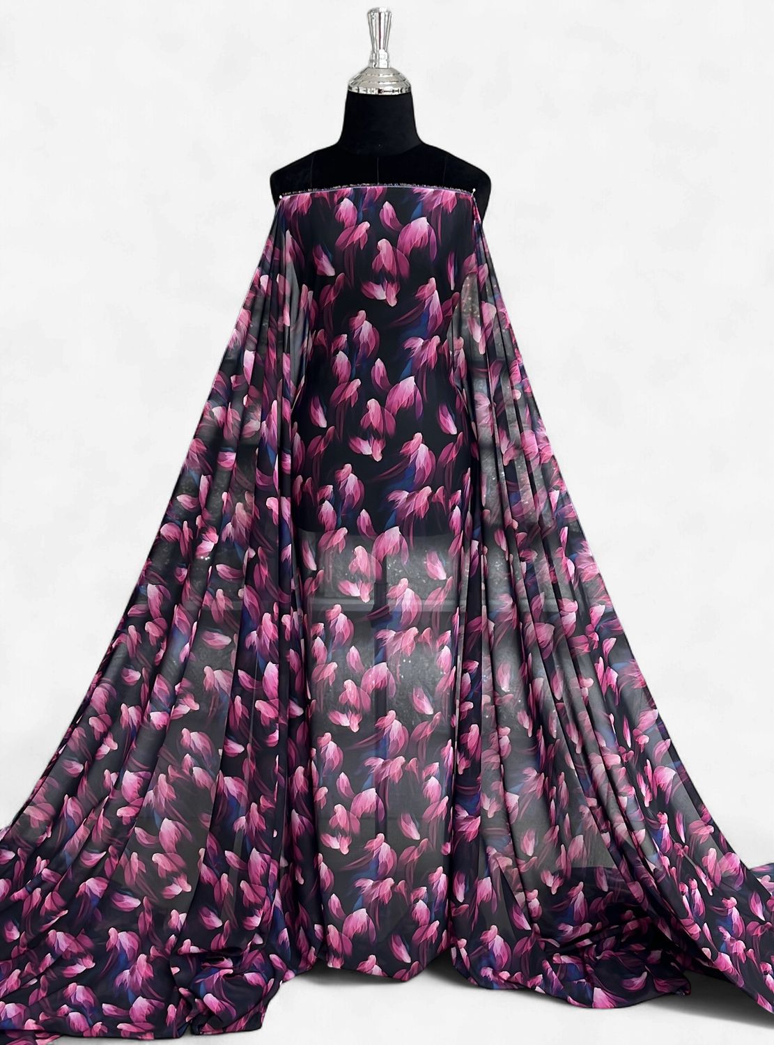 PEACH CHIFFON INKJET-(per m)-150-01-PINK BLACK-A lightweight, sheer fabric with a soft, slightly fuzzy "peachy" texture.
