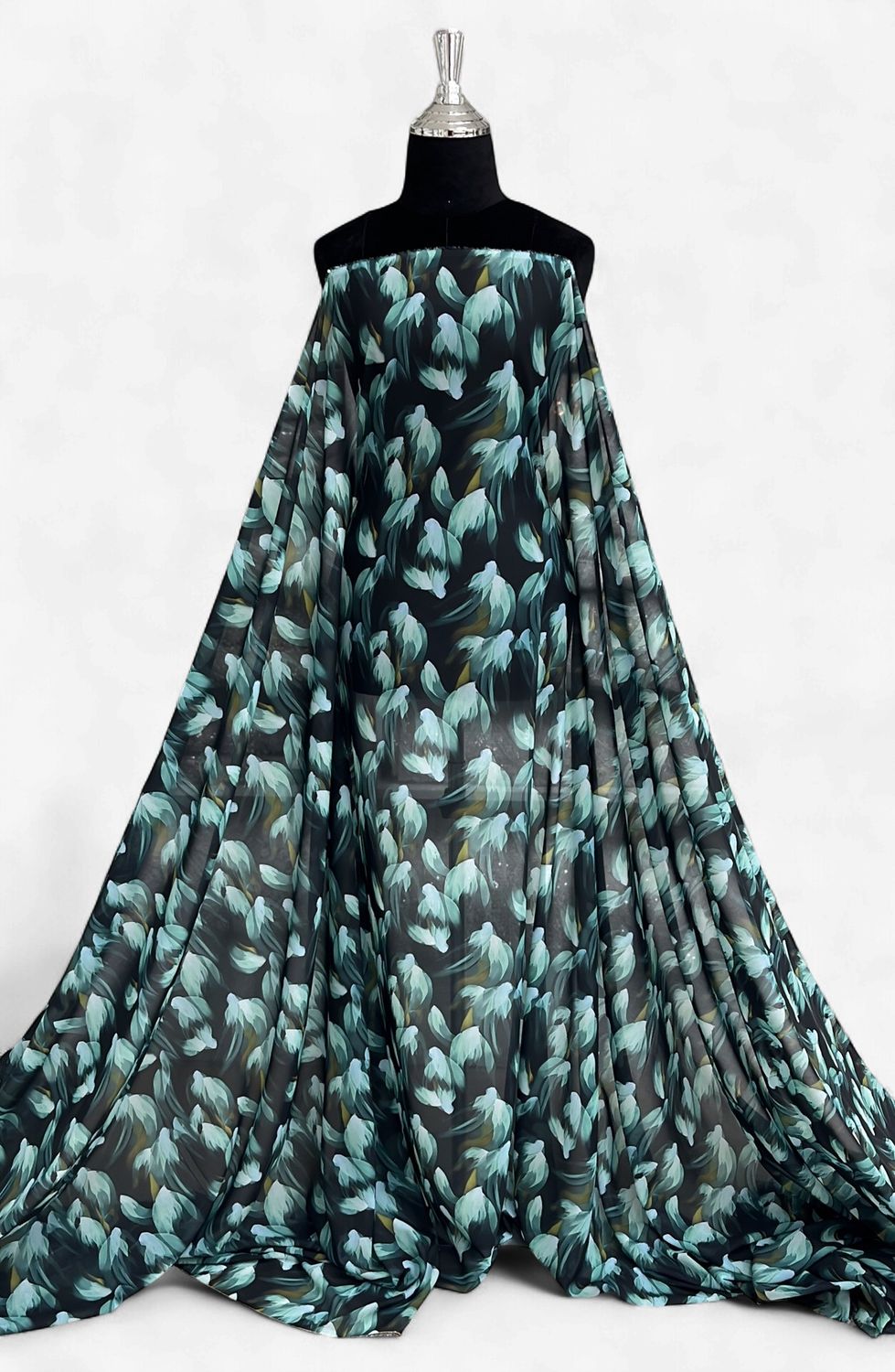 PEACH CHIFFON INKJET-(per m)-150-02-JADE BLACK-A lightweight, sheer fabric with a soft, slightly fuzzy "peachy" texture.
