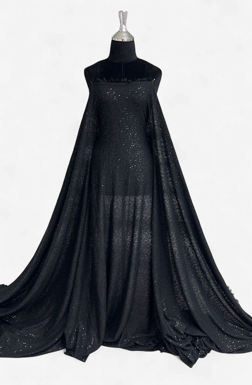 RIB JERSEY SPANGLE EMB. -(per m)-150-04-BLACK-A ribbed, stretchy knit fabric embellished with small sequins (spangles).