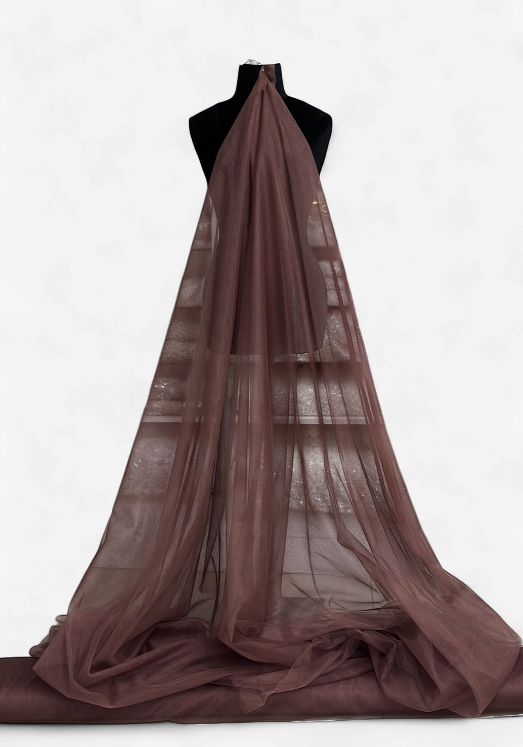 300CM LUX SPARKLE TULLE -(per m)-300-40-BROWN-A fine, lightweight netting fabric embellished with subtle glitter or metallic sparkle fibers.