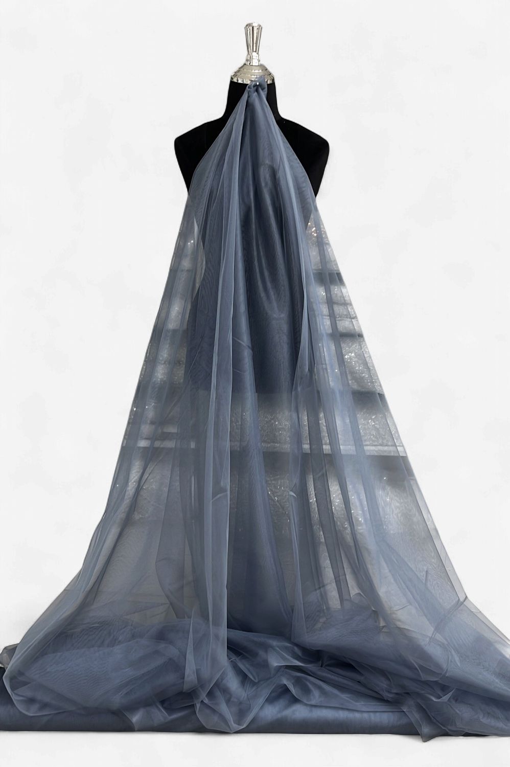 300CM LUX SPARKLE TULLE -(per m)-300-57-STEEL GREY-A fine, lightweight netting fabric embellished with subtle glitter or metallic sparkle fibers.