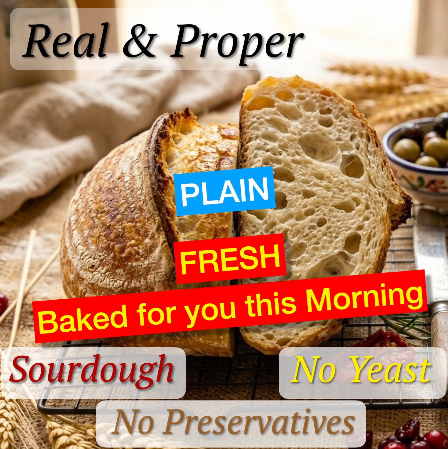 SOURDOUGH - FRESHLY BAKED THIS MORNING - PLAIN:  Unsliced. Rich in resistant starch for longer satiety and weight management. Our natural fermentation lowers glycemic impact, slows digestion for stead