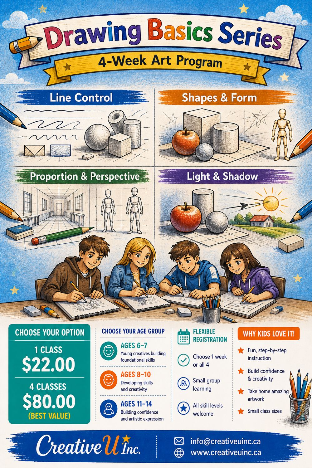 Drawing Art class: Three age groups ages 6 to 14 Starting May 17