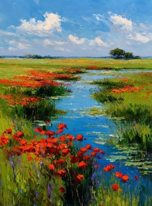 Acrylic Art Class:  Scarlet Meadow   Sunday, September 20,   ~ 3:15 to 5:15 pm
