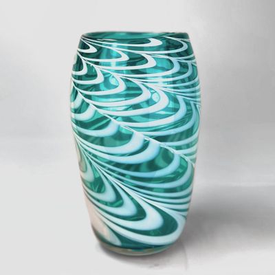 Merletto 12&quot; Cylinder Vase in Teal and White by Harry Boux