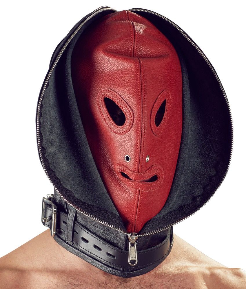 LEATHER DOUBLE MASK W/ COLLAR, COLOR: BLACK/RED