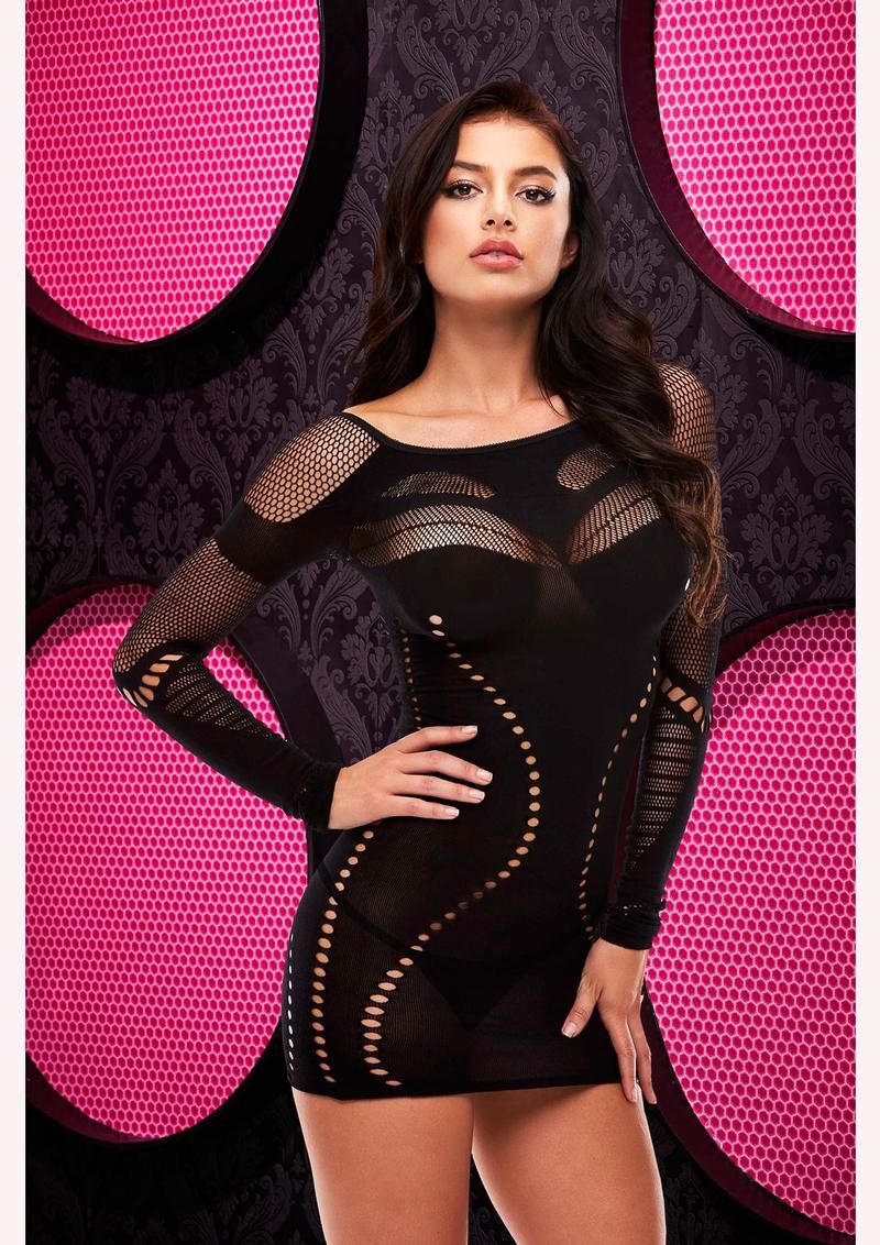 Longsleeve Mini Net &amp; Sheer Dress, Size: Standard, COLOR: Black