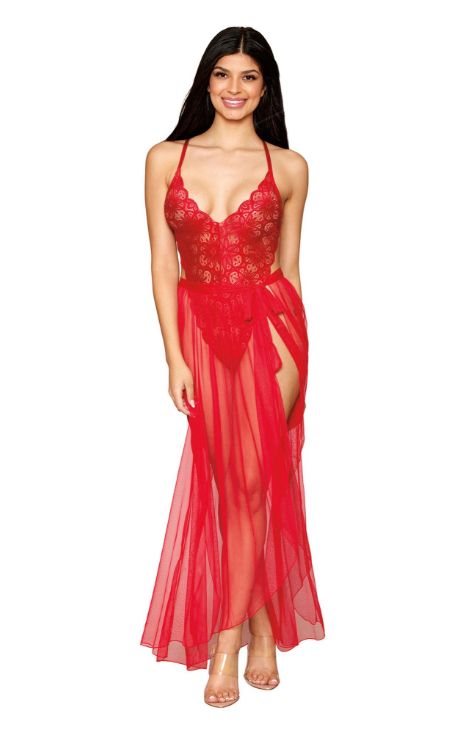 Lace Teddy with Removable Mesh Skirt, COLOR: Red, Size: Small