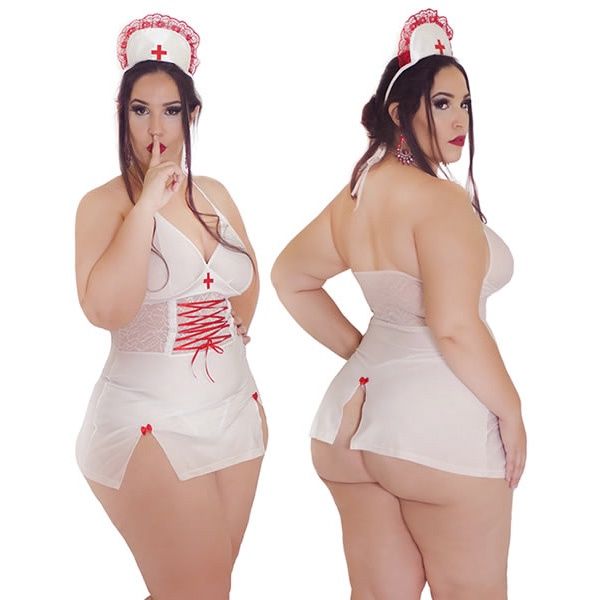 Naughty Nurse Costume, COLOR: White-Red, Size: Plus