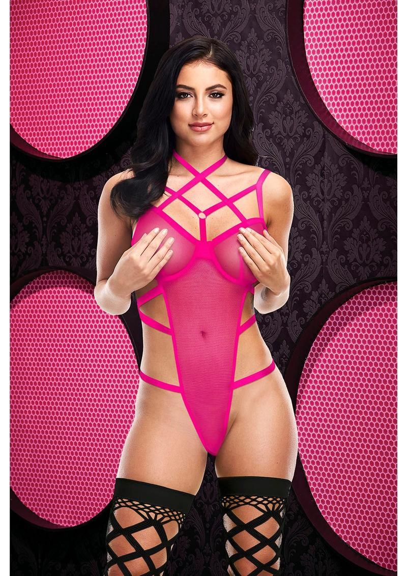 Strappy Caged Teddy, COLOR: Pink, Size: Standard