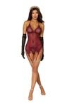Net &amp; Lace Garter slip &amp; Gstring, COLOR: Burgundy, Size: Small