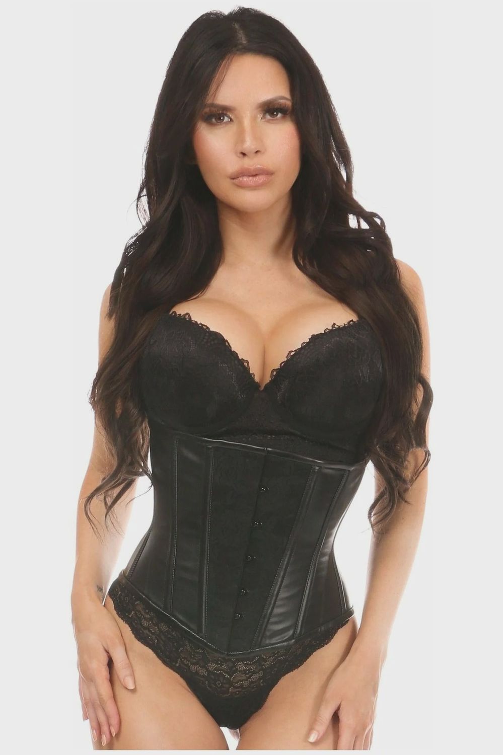 Lavish Wet Look Under Bust Corset w/Lace Overlay, COLOR: Black, Size: Small