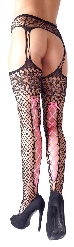 Suspender Tights with Corset lace Back, Size: SMALL-MEDIUM, COLOR: BLACK/RED