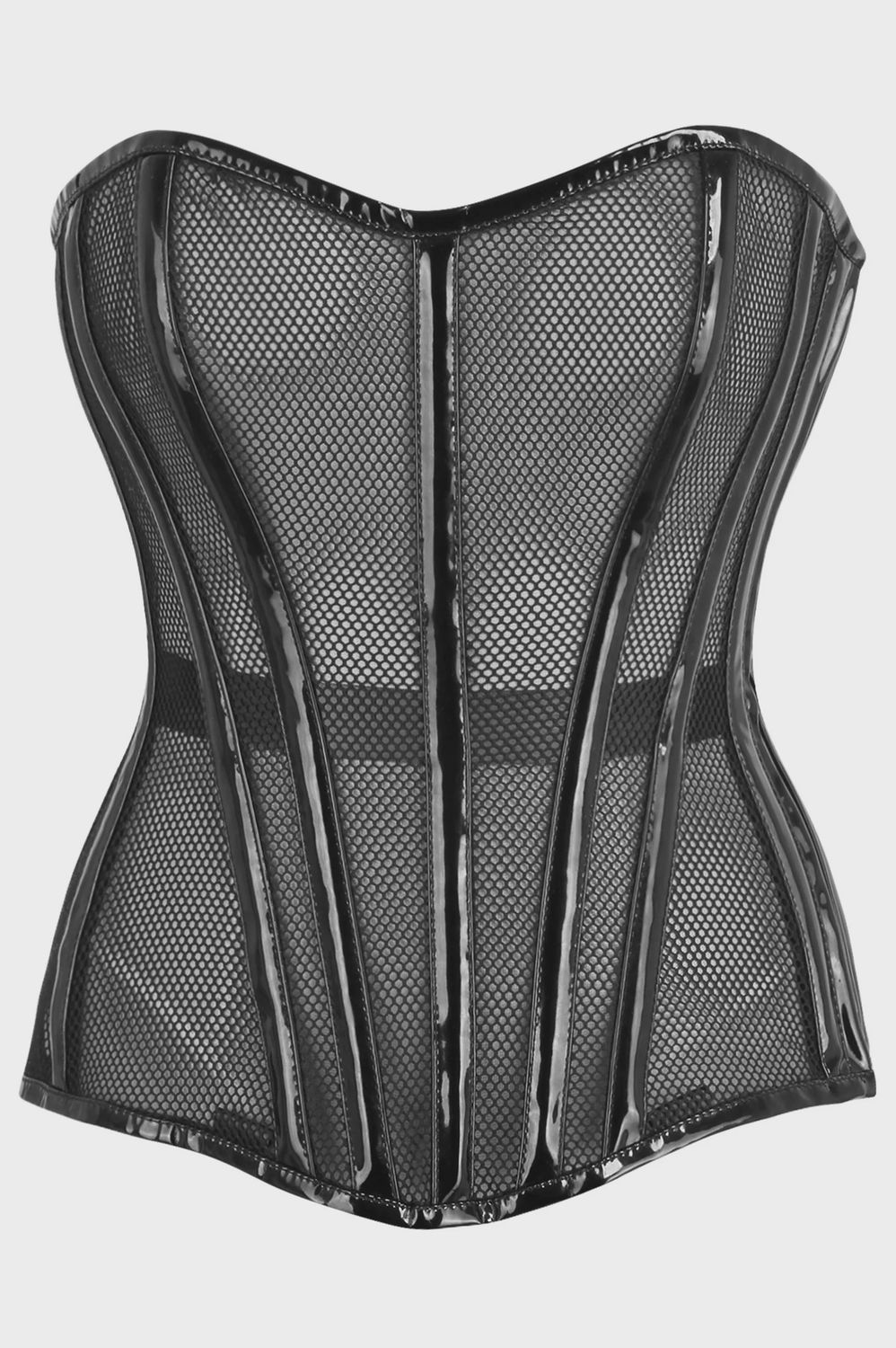 Top Drawer Fishnet Patent Steel Boned Over Bust Corset, COLOR: Black, Size: Small