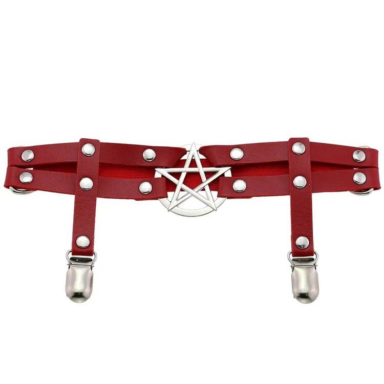 Pentagram Studded Garter with Clasps, COLOR: Red