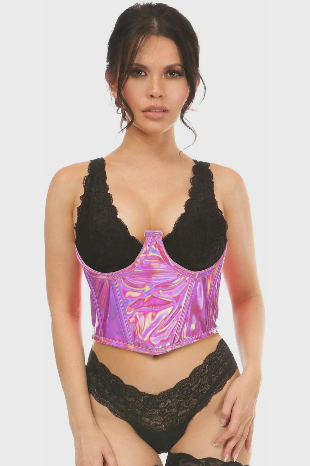 Lavish Open Cup Underwire Waist Cincher, COLOR: Fuchsia Holo, Size: Small