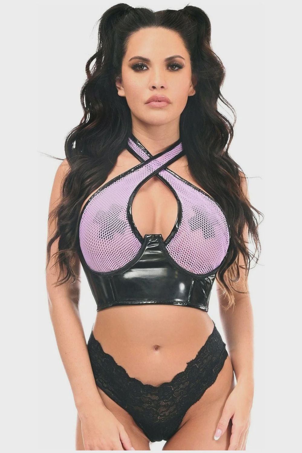 Lavish Vinyl &amp; Fishnet Halter Top Underwire Cincher, COLOR: Light Pink- Black Vinyl, Size: Small