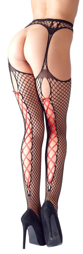 Suspender Fence Net Pantyhose with Corset Lacing, COLOR: Black/Red, Size: Small-Medium