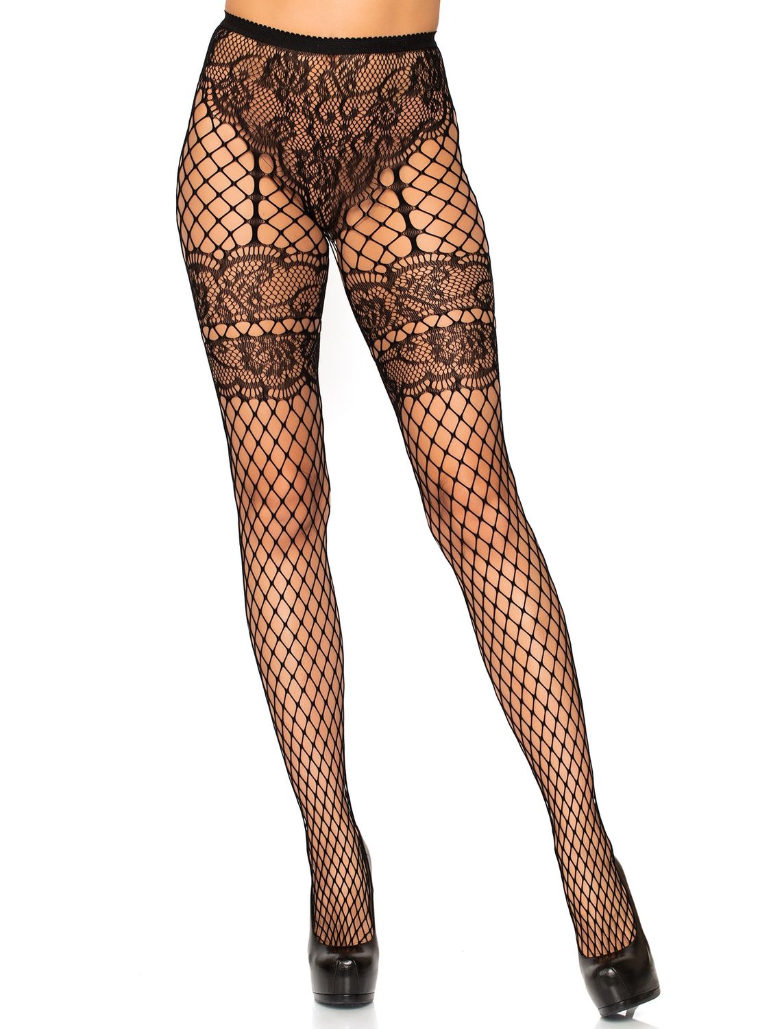 Lace French cut faux garter Industrial Net tights, COLOR: Black, Size: Standard