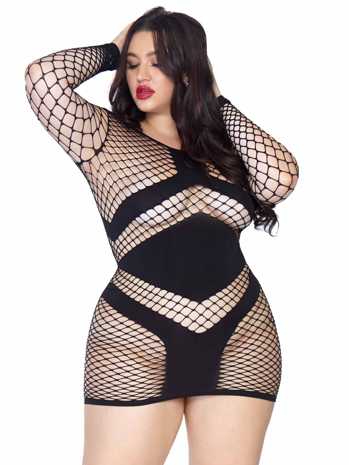 Diamond Net Long Sleeve Mini Dress, COLOR: Black, Size: Plus