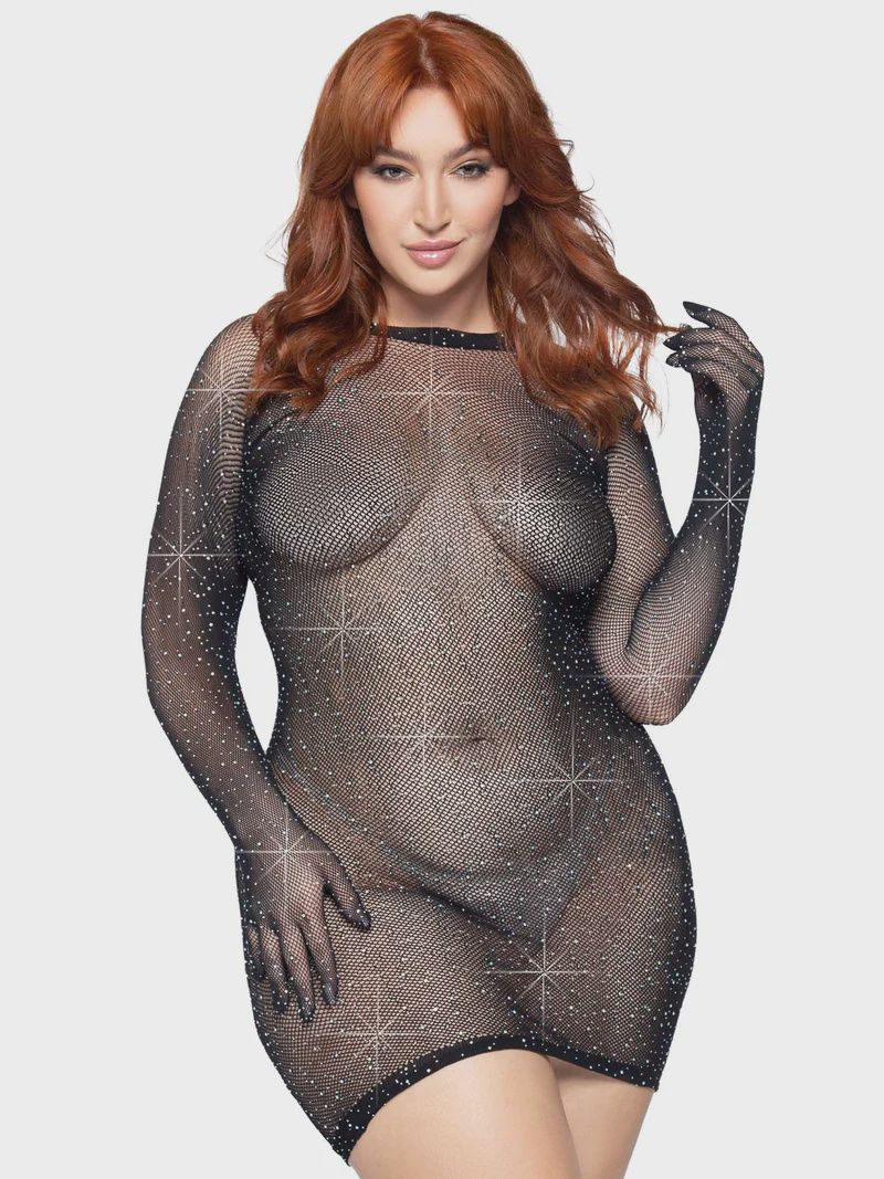 Rhinestone Fishnet Gloved Mini Dress, COLOR: Black, Size: Plus